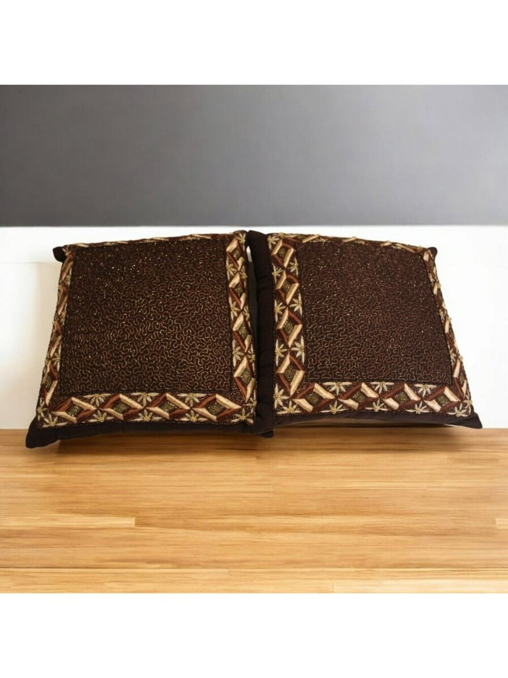 Brown Linen Beaded Pillow Throws 13” Square Set 2 Moroccan Boho Chic Green Cream